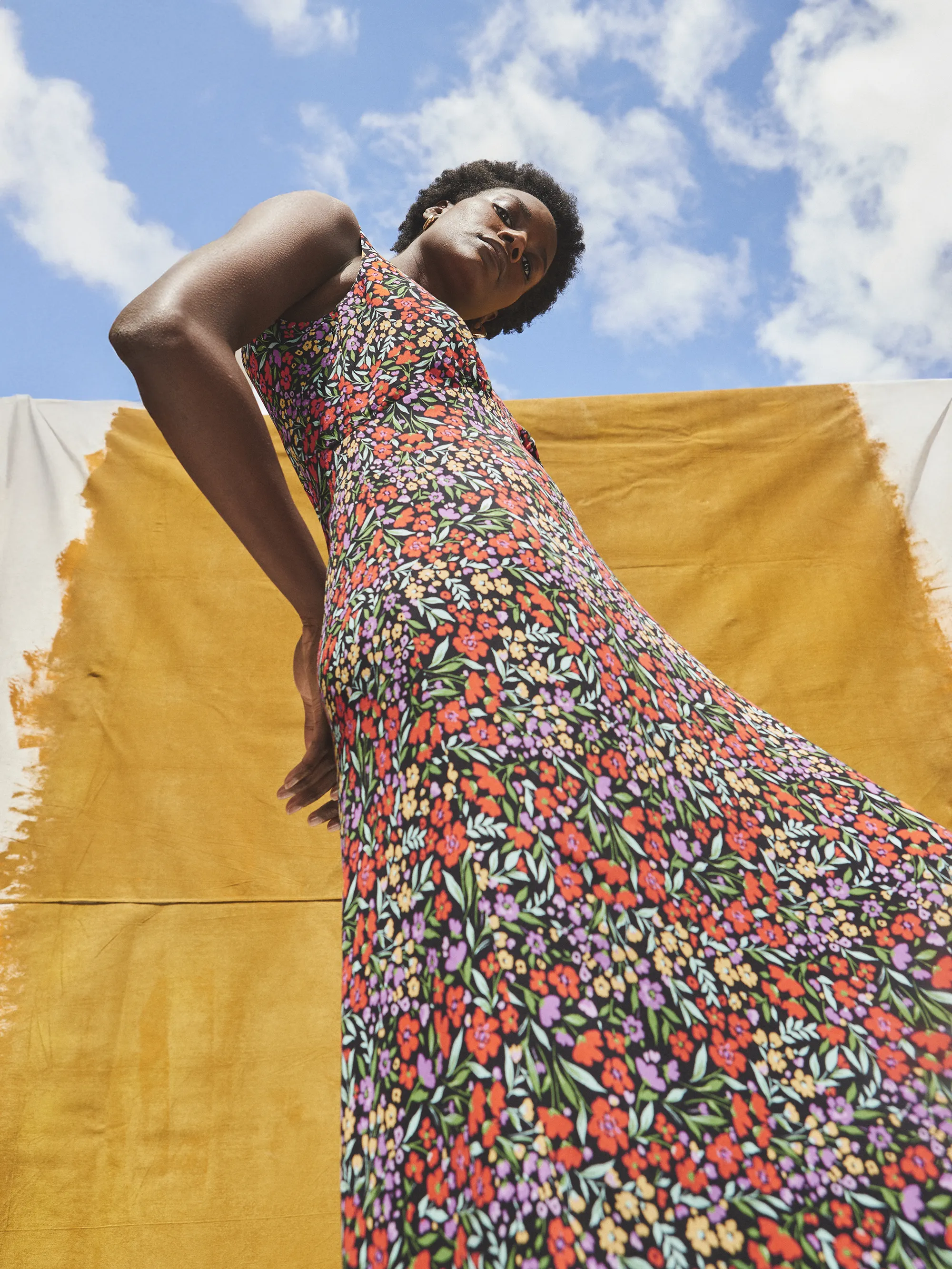 Ditsy-Print V-Neck Midi Dress