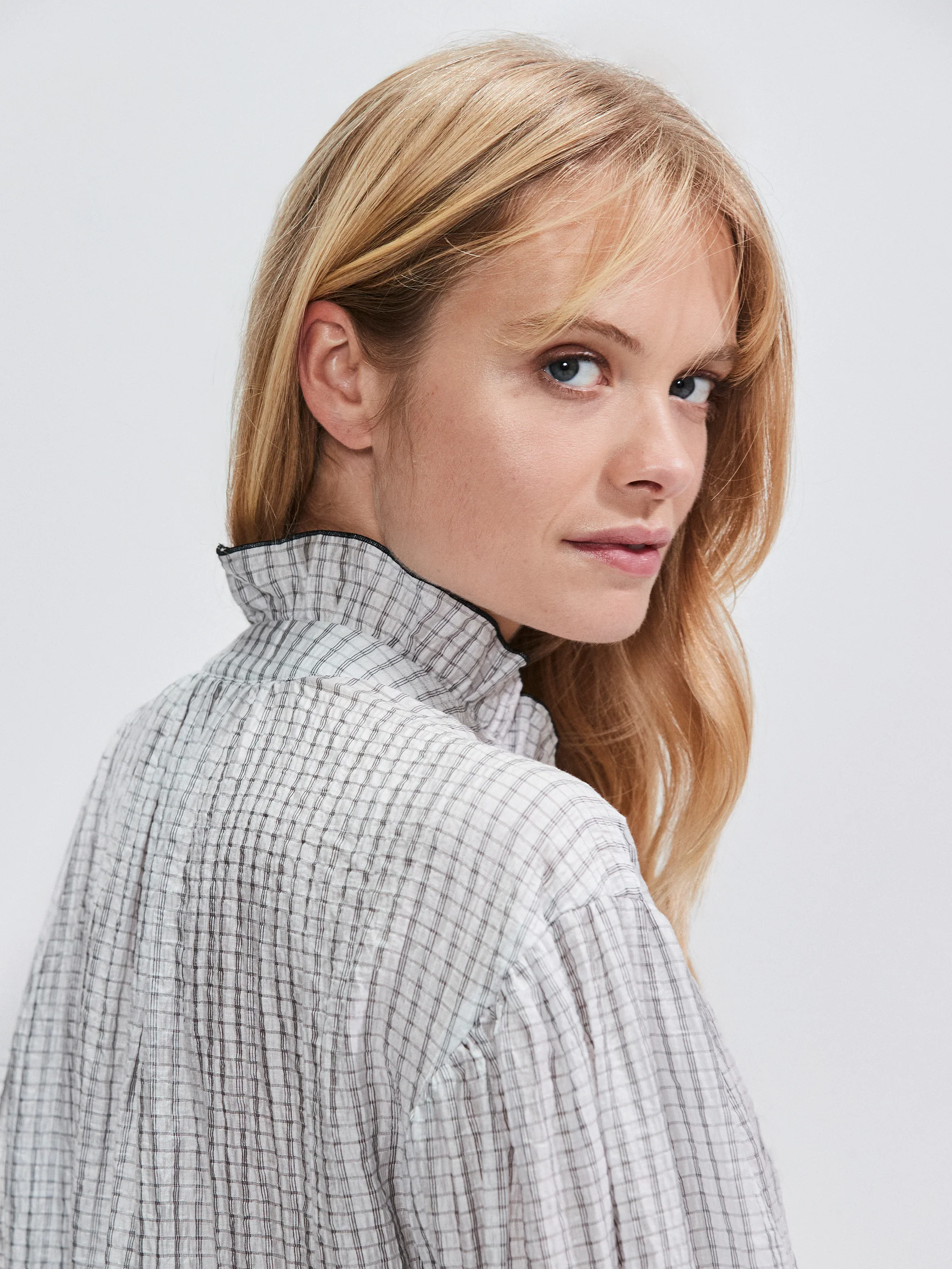 Mono Check Frill-Detail Blouse