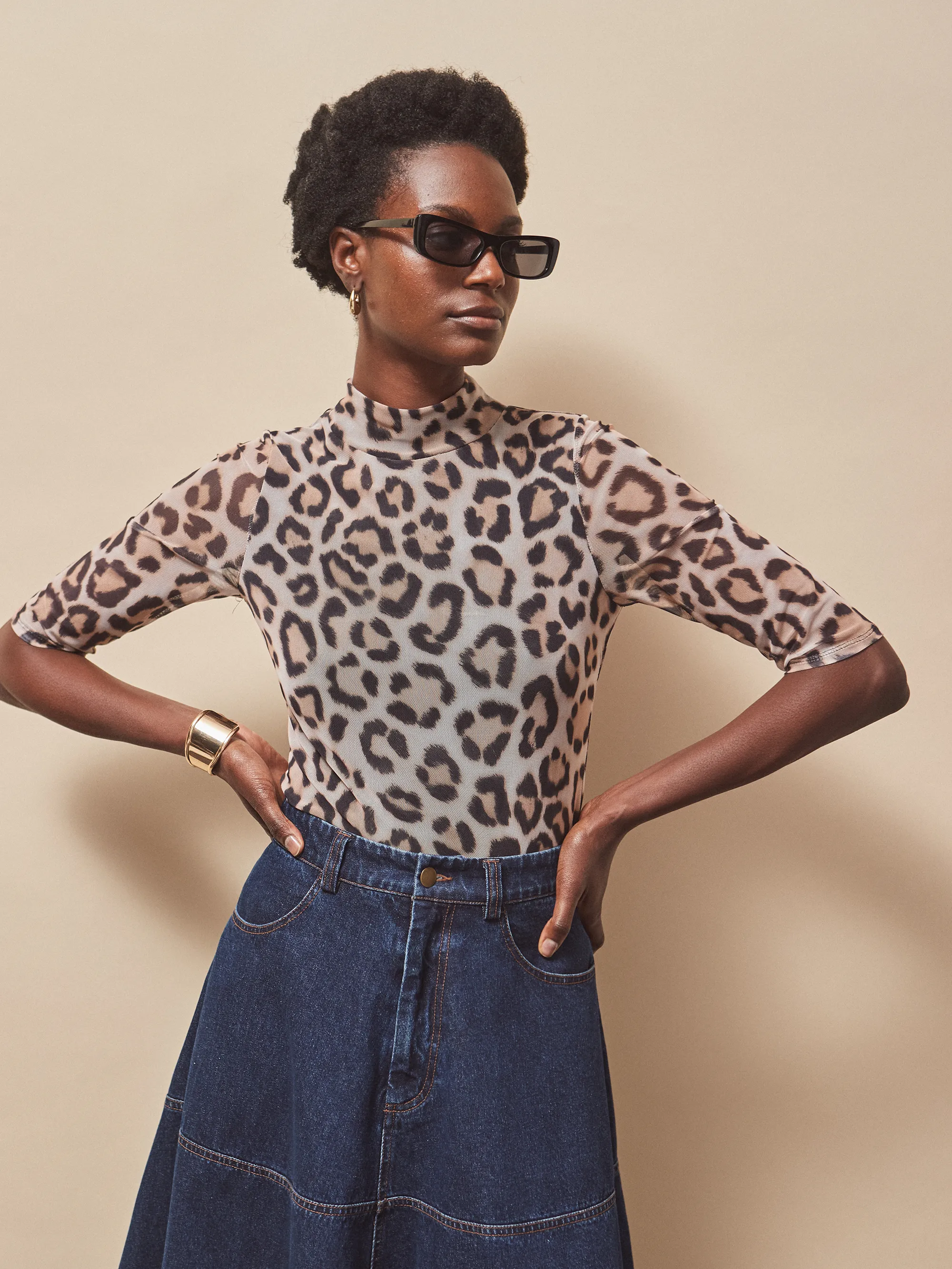 Brown Leopard Print Mesh Top