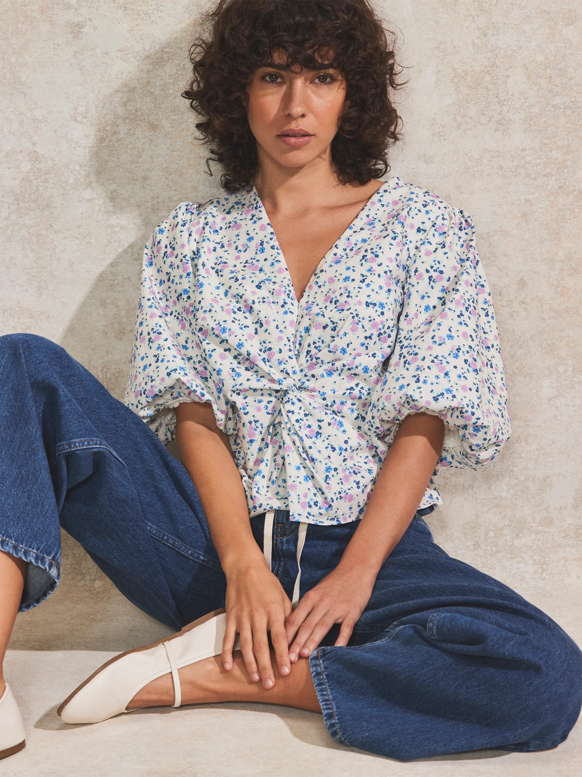 Ivory Ditsy-Print Twist-Front Blouse