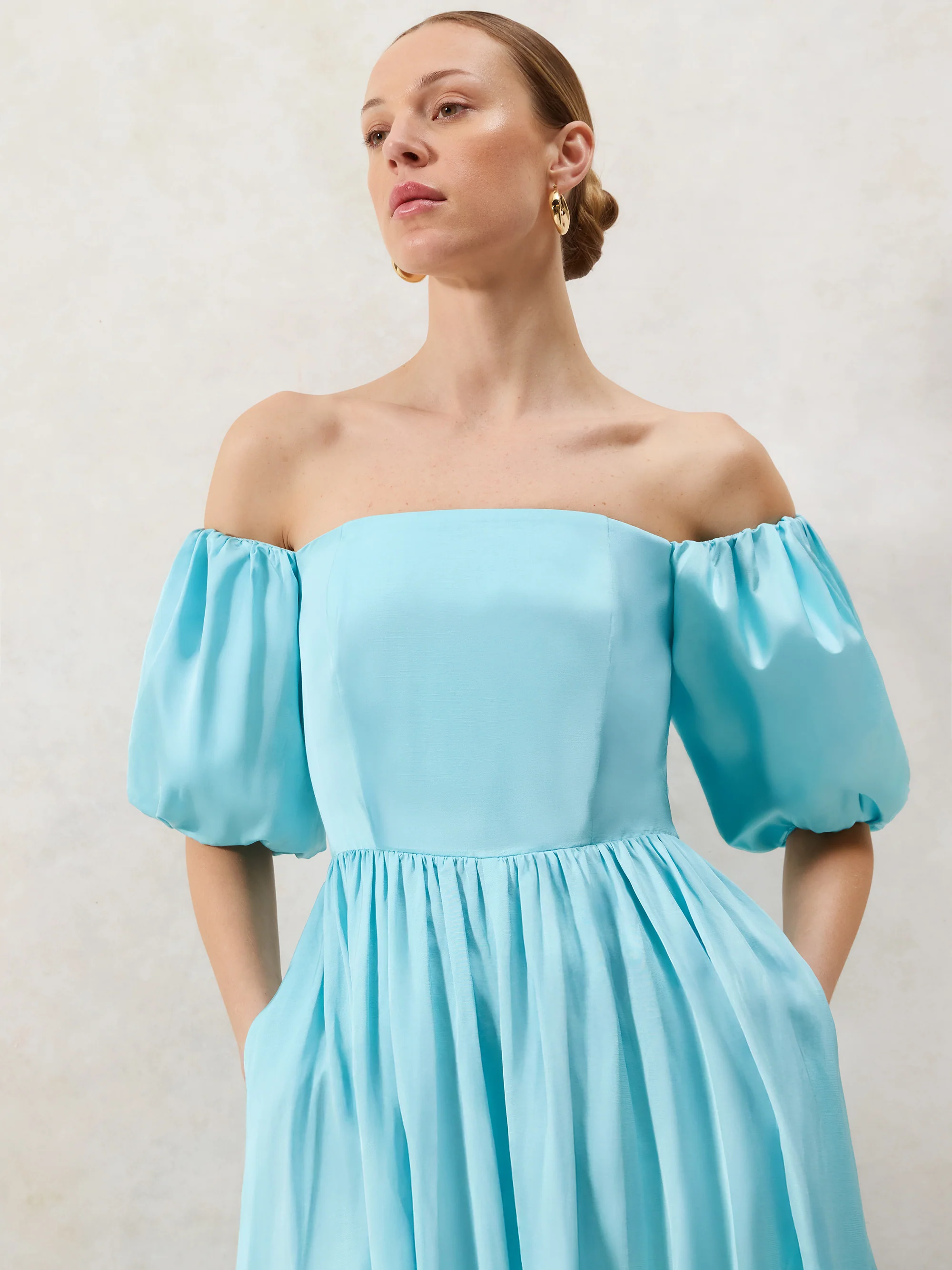 Alba Blue Bardot Puff Sleeve Maxi Dress