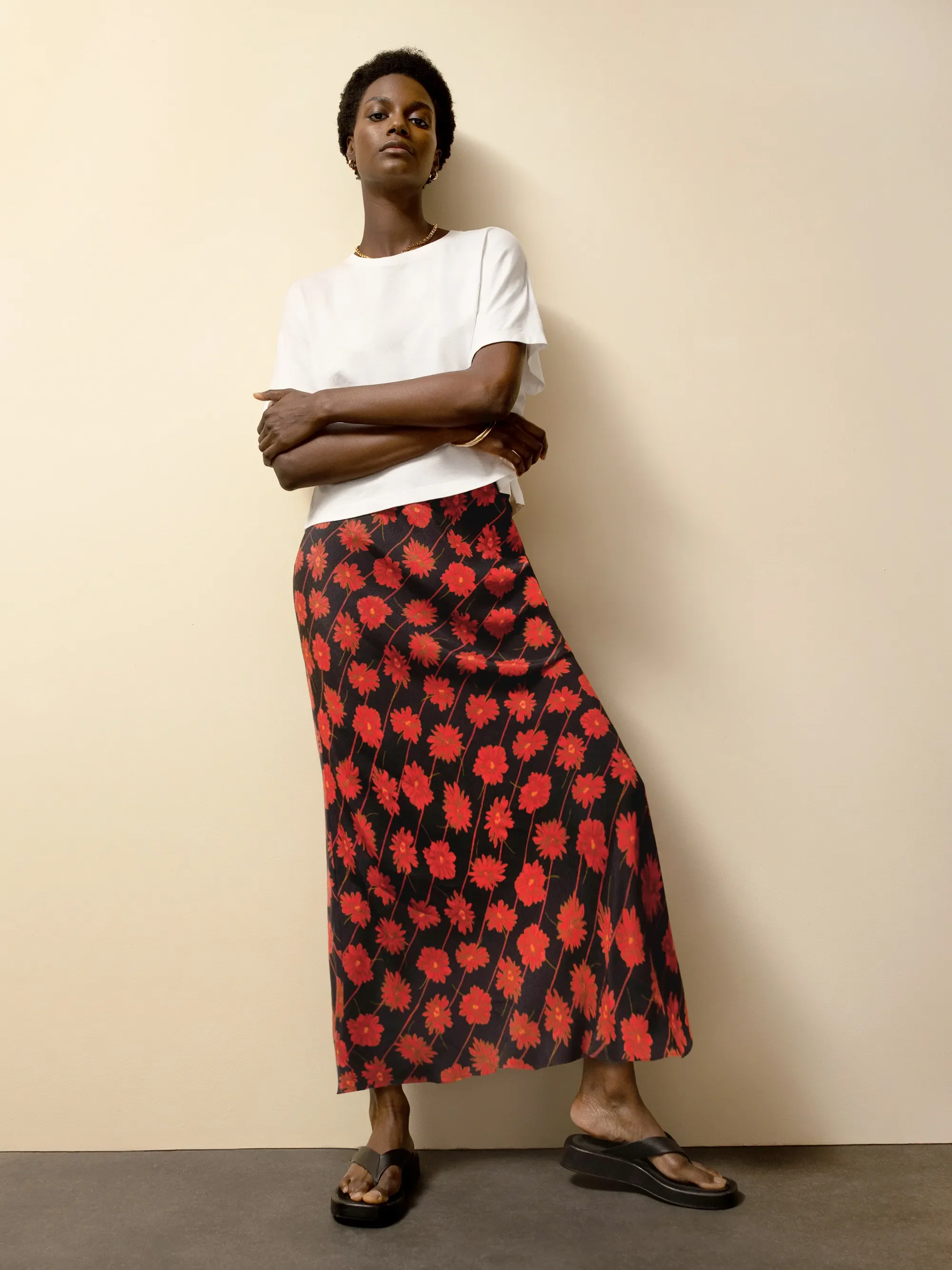 Petite Red Daisy-Print Striped Bias-Cut Skirt
