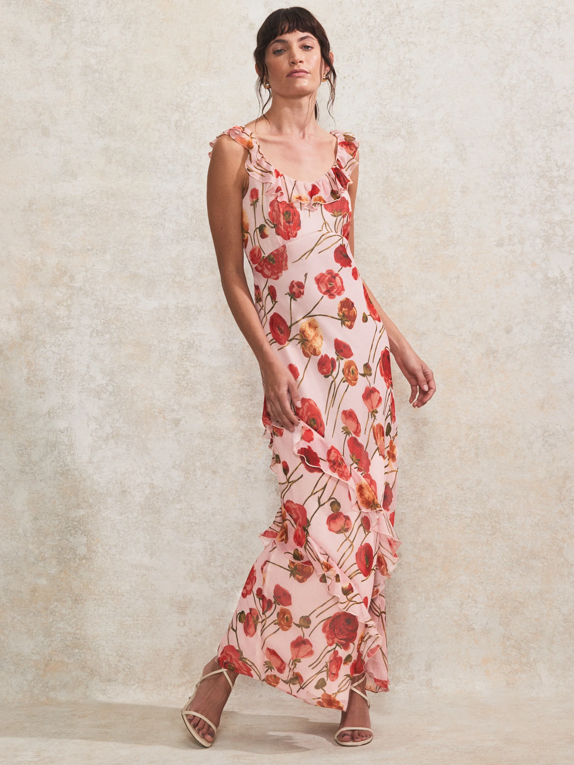 Petite Rosie Pink Poppy-Print Ruffle-Detail Dress