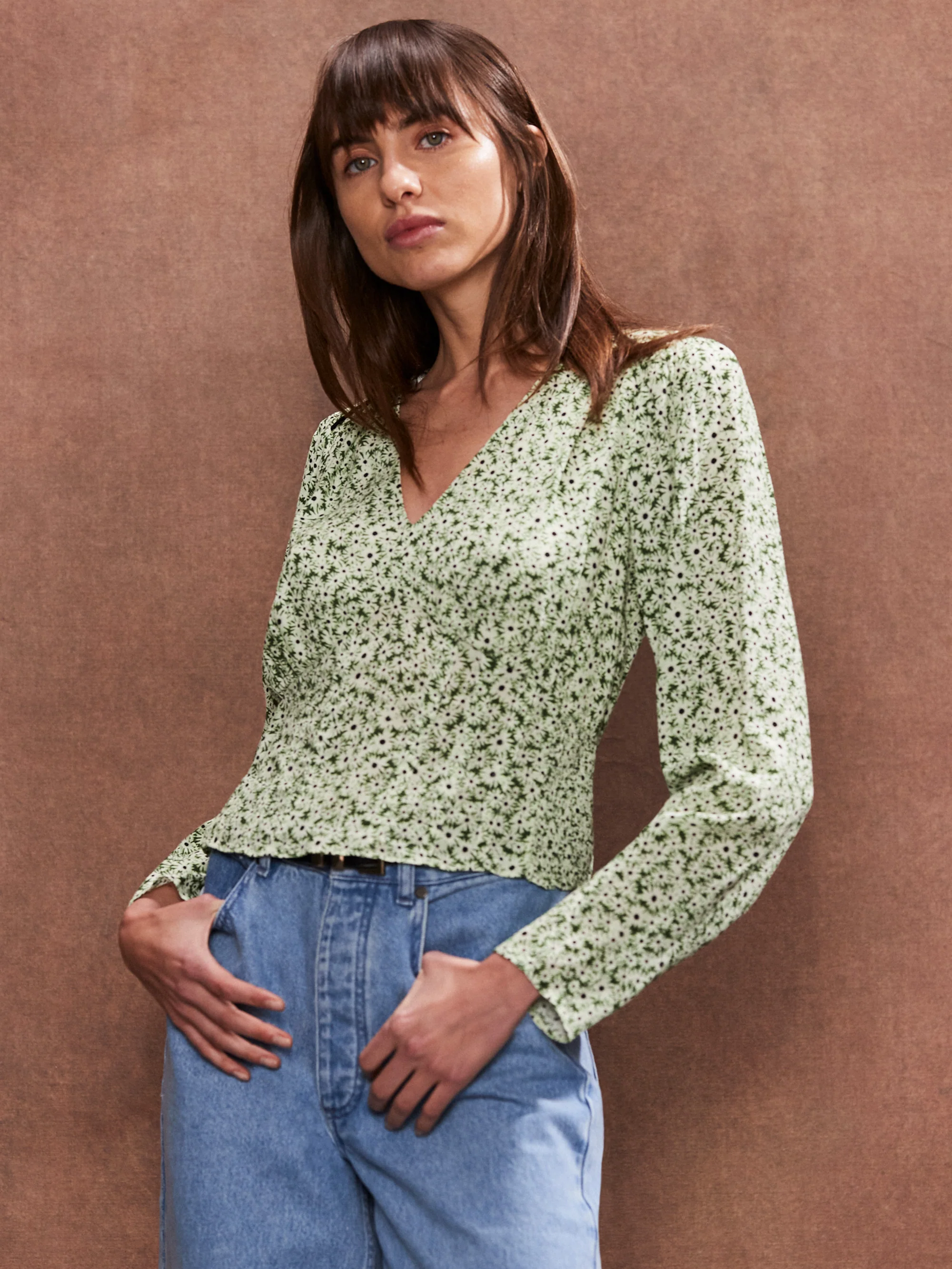 Green Ditsy Pintuck Blouse