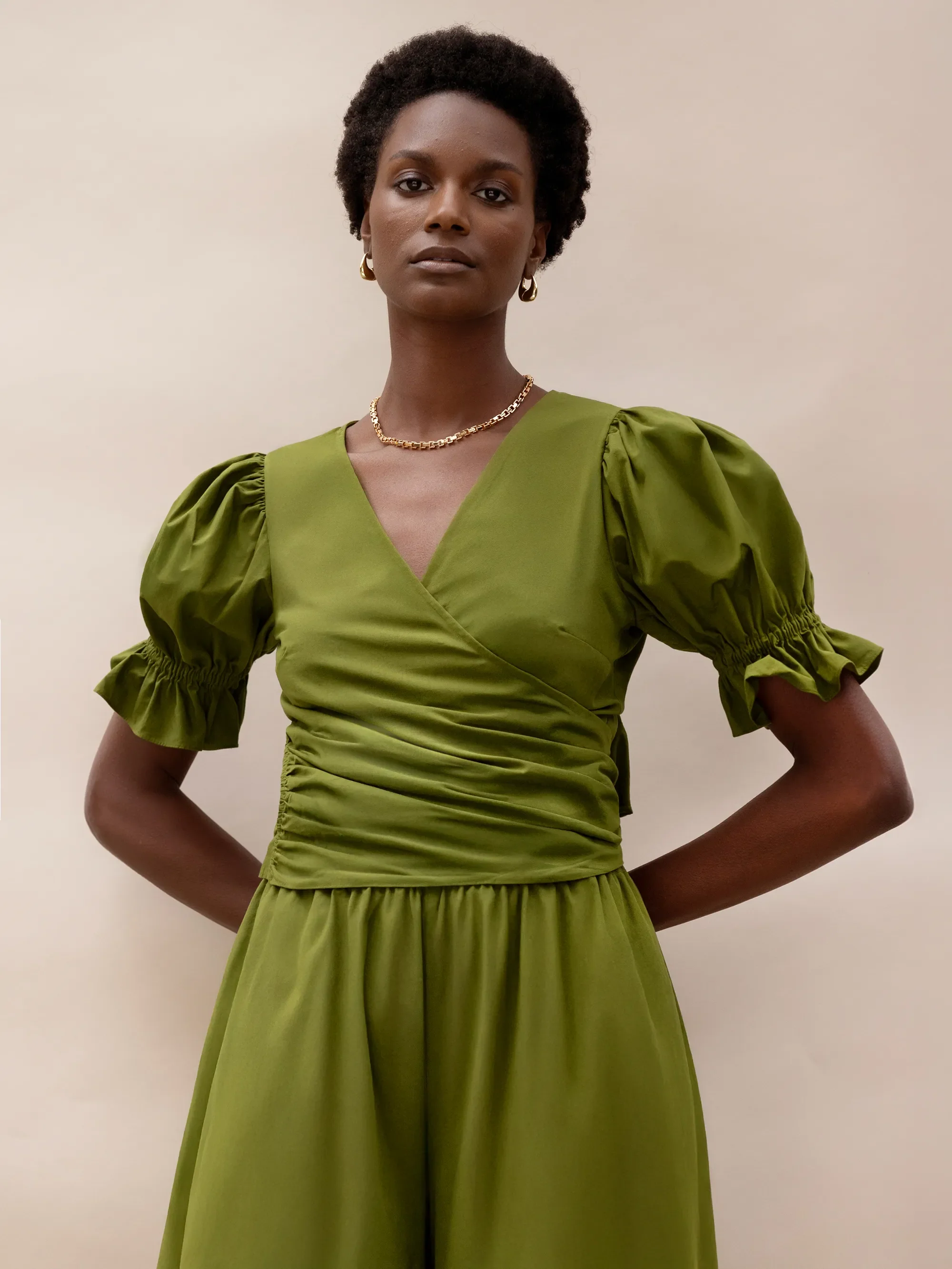 Khaki Cotton Poplin Wrap Top