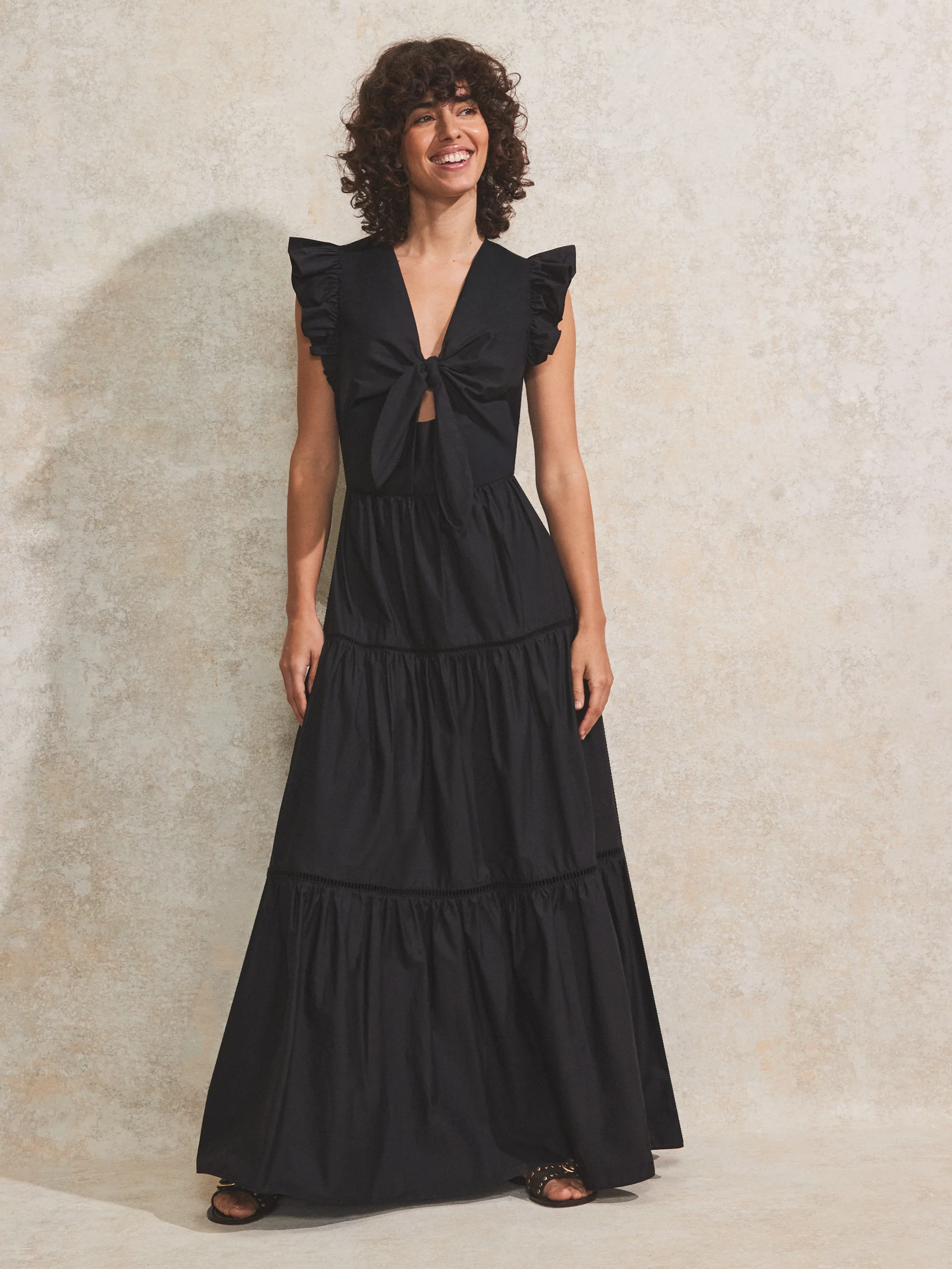 Black Tiered Cotton-Poplin Maxi Dress