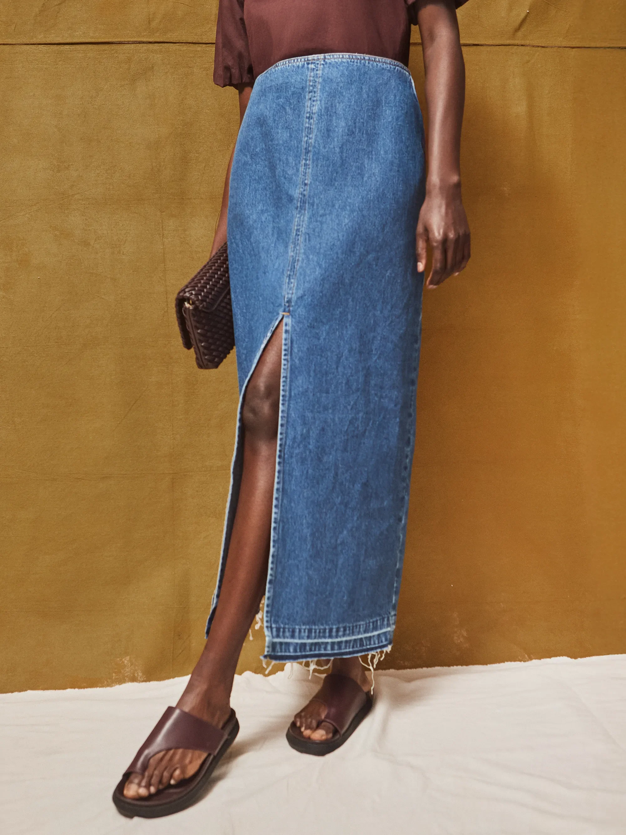 Blue Denim Split Front Maxi Skirt